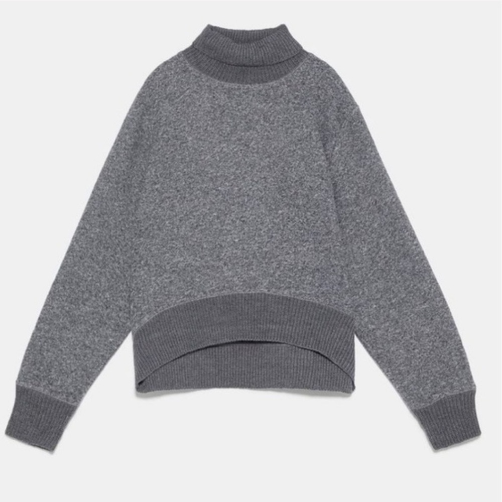 Zara cozy grey fleece cropped turtleneck sweater L